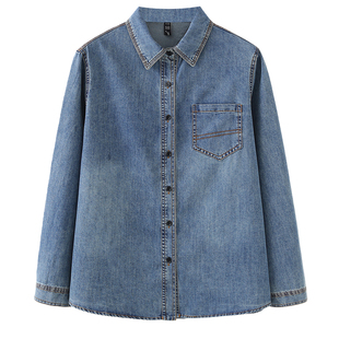 大码春装新款复古牛仔衬衫女长袖宽松百搭时尚蓝色口袋衬衣外套