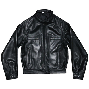 头层绵羊真皮皮衣女微廓修身显瘦宽松短款立领工装机车夹克外套回