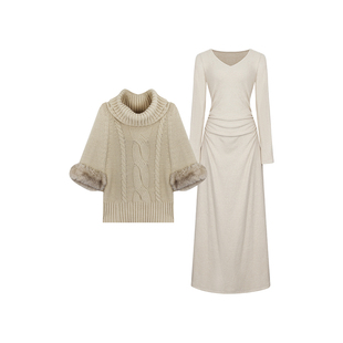 安妮不火 古早蝙蝠袖毛衣加绒针织裙套组女微胖大码名媛两件套装
