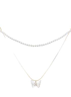 JXRX双层叠戴珍珠项链女款2026新款颈链锁骨链白贝母蝴蝶吊坠配饰