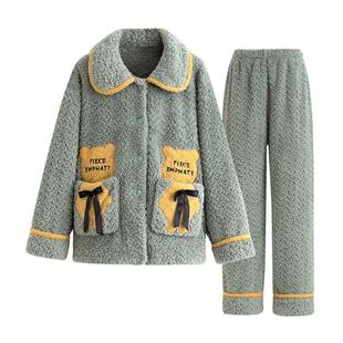 小熊可爱卡通睡衣女冬款冬季珊瑚绒家居服法兰绒加厚绒可外穿套装