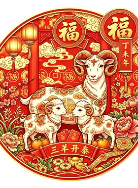 三羊开泰圆形墙贴羊年贴画福字灯笼花卉春节吉祥防水自粘装饰贴画