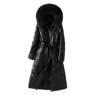 海宁绵羊皮羽绒服女中长黑色连帽狐狸毛领90白鸭绒冬季外套真皮衣