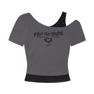 SagiDolls少女斗志甜辣假两件灰黑烫银波点斜肩T恤修身显瘦上衣夏