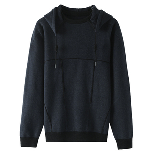 KUYIOU/活页破缝连帽拼缝 羊毛混纺立体镶边针织毛衣卫衣男