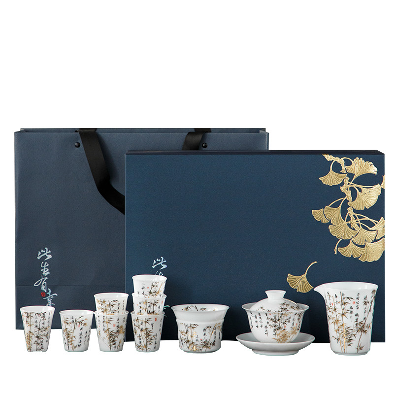 文人雅竹茶具套装冰种玉瓷堆花