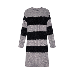 DKNY唐可娜儿针织连衣裙女士百搭简约复古灰白条纹麻花裙子时尚