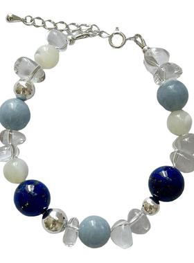 天然青金石白水晶纯银蓝色系手链