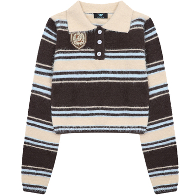 短款撞色条纹POLO领毛衣女装秋冬