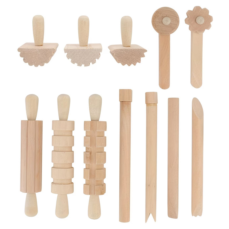 幼儿园手工制作玩橡皮泥陶泥12件木头工具黏土模具擀面杖齿轮设计