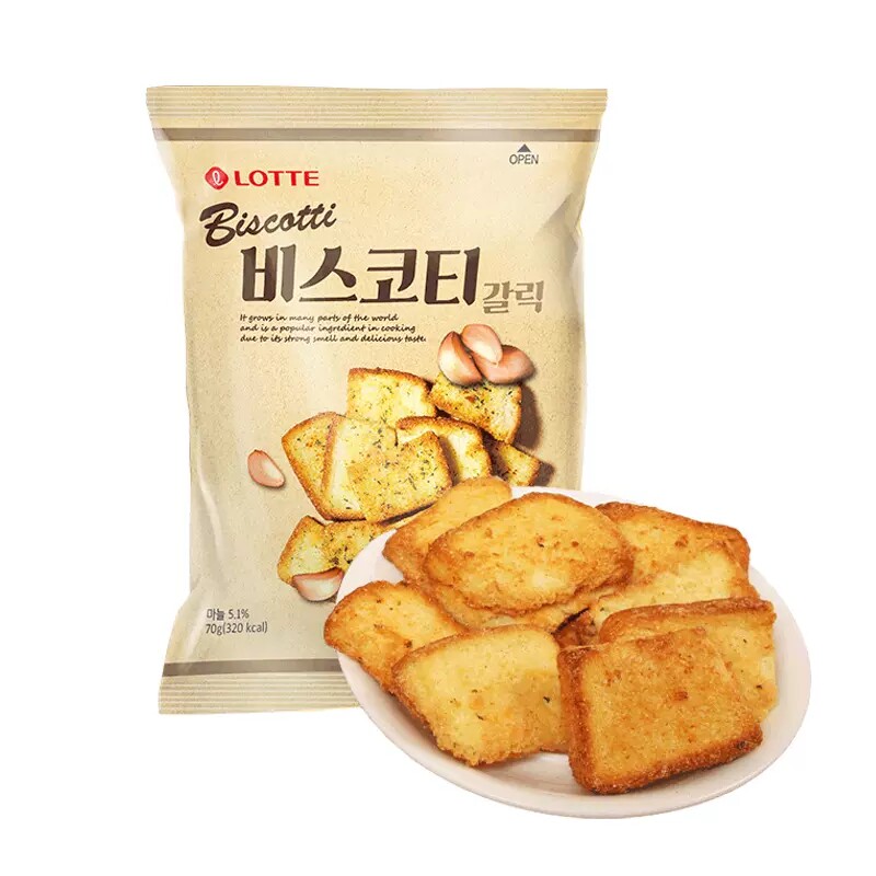 韩国进口乐天酥脆法式烤面包干营养烤馍片蒜香70g非油炸膨化食品