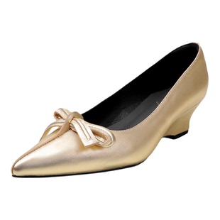 5cm真皮法式绝美配裙子不累脚高跟鞋尖头坡跟粗跟蝴蝶结小单鞋女