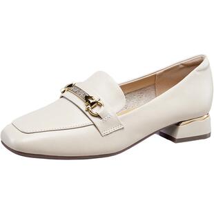 YRC英伦风小皮鞋女中跟单鞋春季新款真皮方头通勤百搭乐福鞋