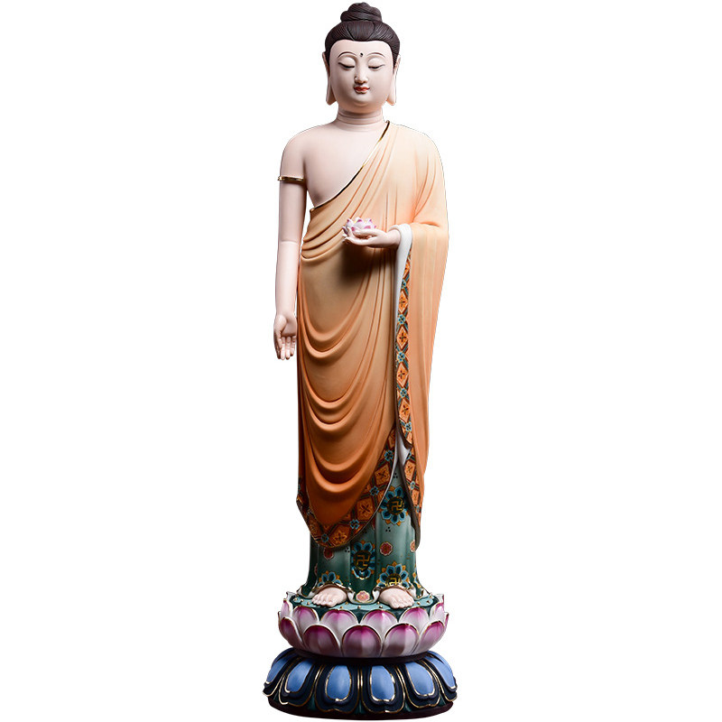 戴玉堂陶瓷唐彩立式西方三圣佛像