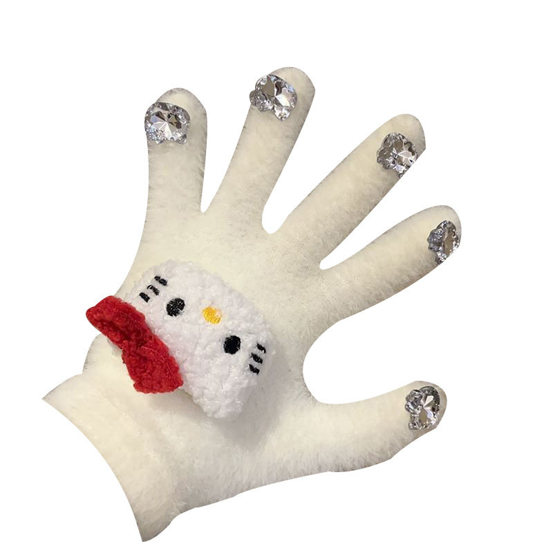 helloKitty美甲水钻保暖五指手套