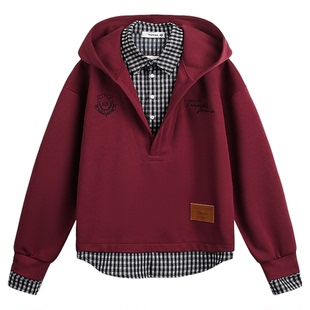 HandSeven2025秋冬假两件连帽卫衣简约风格子内衬字母休闲外套女