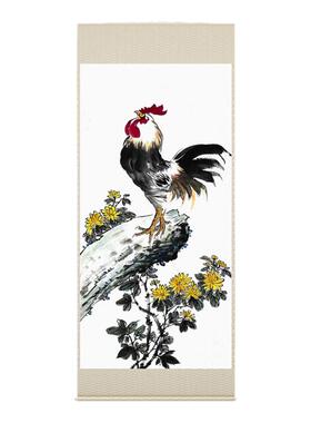 手绘雄鸡报晓画50x100中式传统画仿李苦禅风格一唱雄鸡天下白挂画