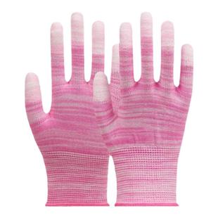 女士涂指手套劳保pu防静电加厚尼龙加厚耐磨薄款条纹工作小号粉色