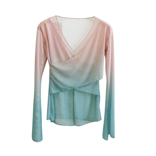 收腰下摆开叉舞蹈服女装飘逸纱衣渐变色古典舞练功服V领长袖上衣