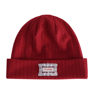 婴儿帽子秋冬红色新西兰羊绒提花针织保暖儿童男女宝宝胎帽套头帽