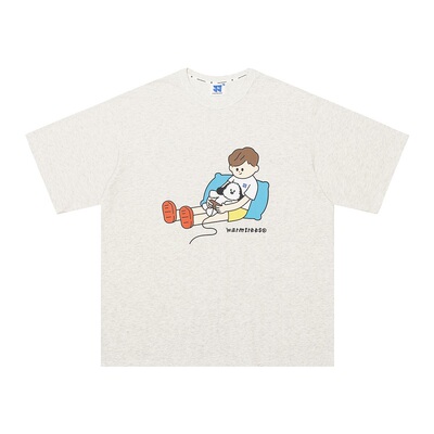 warmtrees夏季新款小又小寸悠闲玩游戏机插画卡通印花宽松短袖T恤