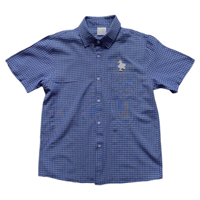 夏季薄款日系格子衬衫男款潮牌宽松短袖蓝色细格纹衬衣男半袖上衣