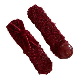 红色蝴蝶结毛绒对夹圆珠掰掰夹BB夹子头饰2026新款毛毛侧边发夹子