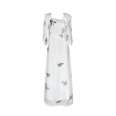 熏若云朵花卉披肩吊带套装连衣裙