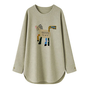 华夫格加绒打底衫女内搭长袖t恤配鲨鱼裤的中长款上衣遮屁股洋气