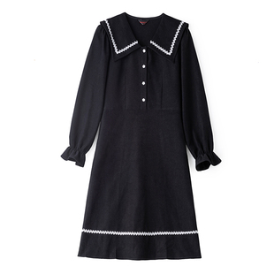 气质显瘦胖MM长袖小黑裙冬装新款大码女装海军领收腰A字版连衣裙
