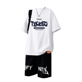 纯棉青少年短袖运动套装夏季新款t恤青少年男装帅气学生潮流套装