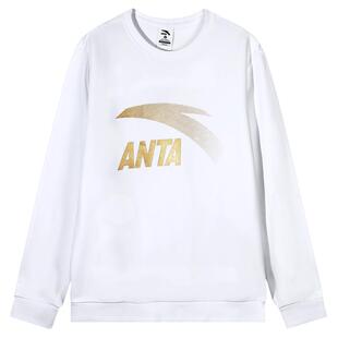 安踏白色加绒卫衣男2026春季新款圆领国潮套头衫潮流印花运动上衣