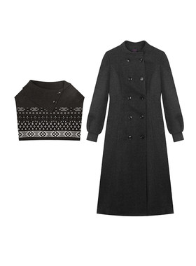 安妮不火 气质毛织披肩&双排扣呢外套裙女微胖大码费尔岛两件套装
