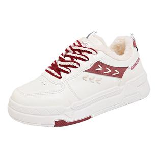 二棉鞋显脚小34码真皮加绒小白鞋女款2025年冬季厚底白色运动板鞋