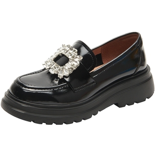 博主同款百田森方扣水钻千金乐福鞋女黑色乐福鞋气质乐福小皮鞋