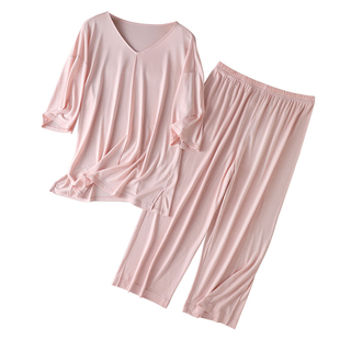 100%桑蚕丝家居服女针织真丝舒适透气宽松居家五分袖睡衣七分睡裤