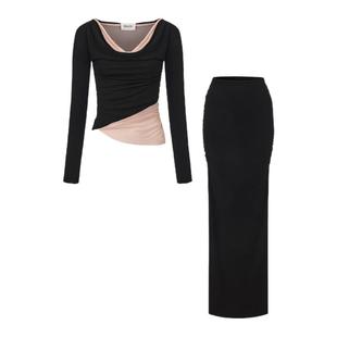 SIJIA SUDIO 2025秋季新款拼色网纱荡领上衣针织双层半裙两件套女