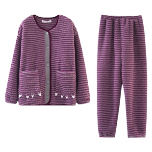 珊瑚绒睡衣女款秋冬季保暖帽子围巾加厚羊羔绒圆领家居服宽松套装