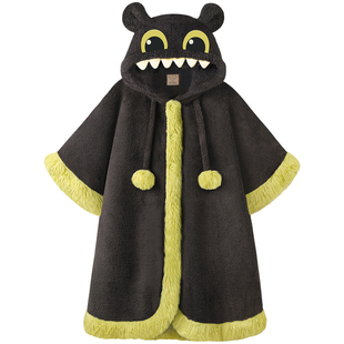 睡袍秋冬女款珊瑚绒加厚中长款连帽斗篷长袖睡衣可爱可外穿家居服