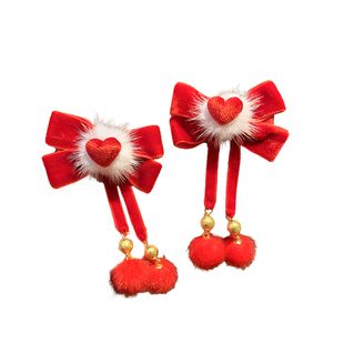 红色丝绒蝴蝶结爱心毛球发夹边夹侧边女高级感新年头饰喜庆儿童