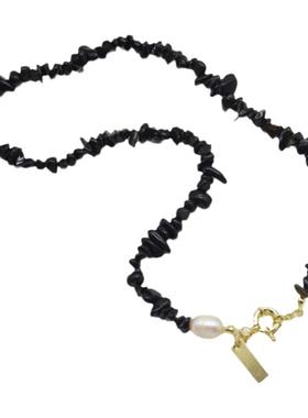 法式不规则黑色碎石水晶珍珠项链