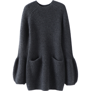 迷人！大克重厚灯笼袖羊绒衫女中长款圆领修身纯羊绒毛衣连衣裙子