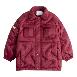 男童冬季红色新年轻薄工装羽绒服2025新款儿童冬装保暖免洗外套潮