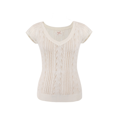 古早美女v领镂空微透显瘦针织T恤