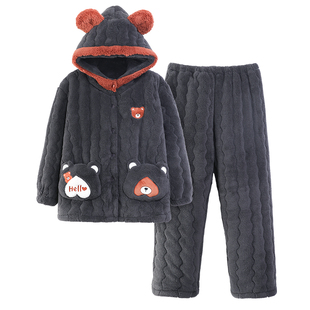 北方零下保暖御寒睡衣加厚珊瑚绒夹棉家居服女款开衫连帽棉衣棉裤