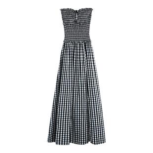 MULVAN 格子抹胸连衣裙女夏无袖气质裙子设计感开叉收腰长裙