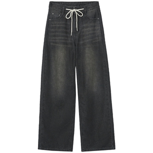 热风裤子24夏新款女士时尚抽绳直筒牛仔裤宽松舒适百搭长裤