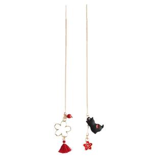 国潮原创招财猫咪樱花长款耳线女新年耳钉过年红色耳环无耳洞耳夹