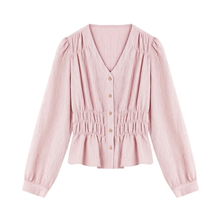 V领长袖法式衬衫女2026春季新款经典设计感上衣抽皱收腰高级小衫