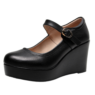 内外全皮坡跟皮鞋高跟厚底防水台舒适工作鞋松糕单鞋圆头浅口女鞋